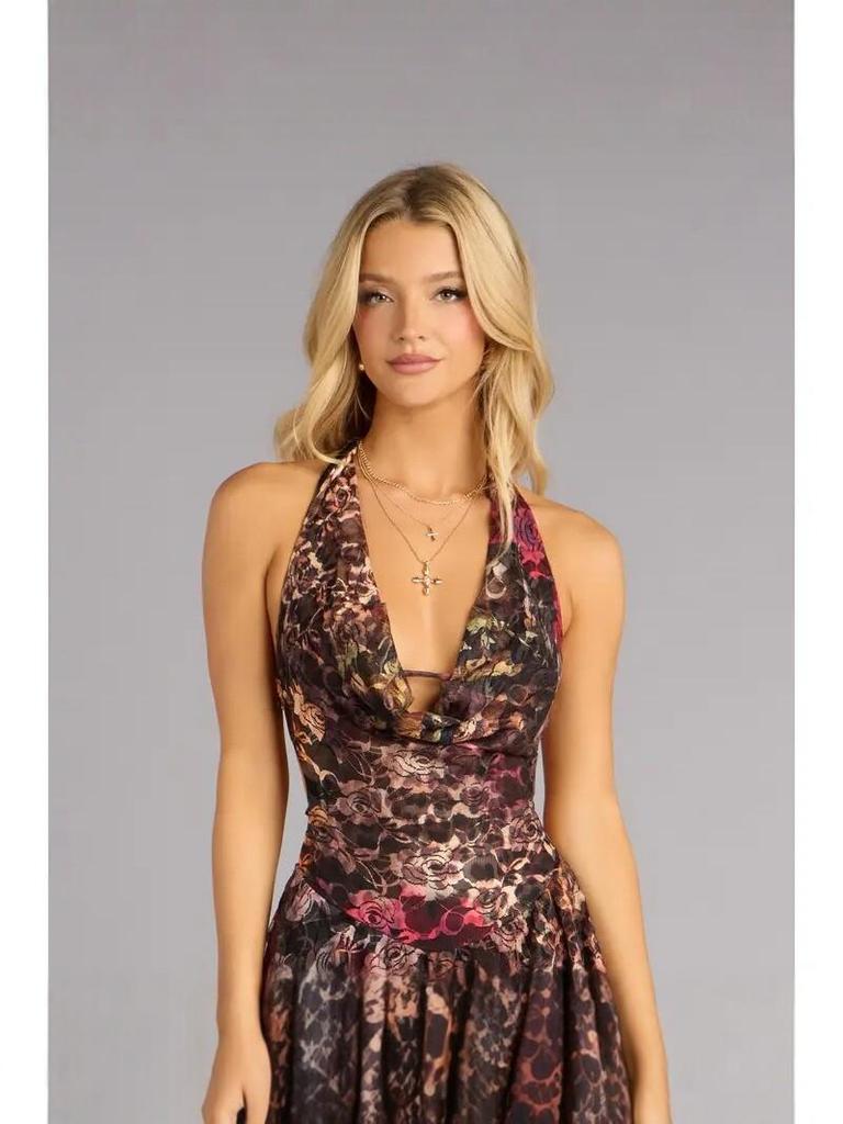 Europe Cross-border Leopard & Floral V-neck Backless Lace-up Sexy Short Skirt Dress