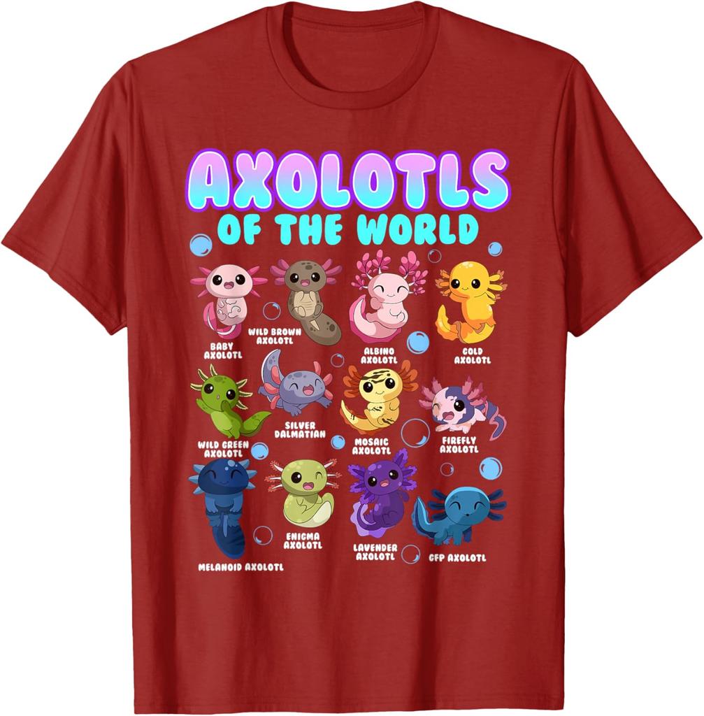 Axolotls Of The World Kawaii Salamander Graphic Tee Men Cotton Casual Short Sleeve T-Shirt Trip