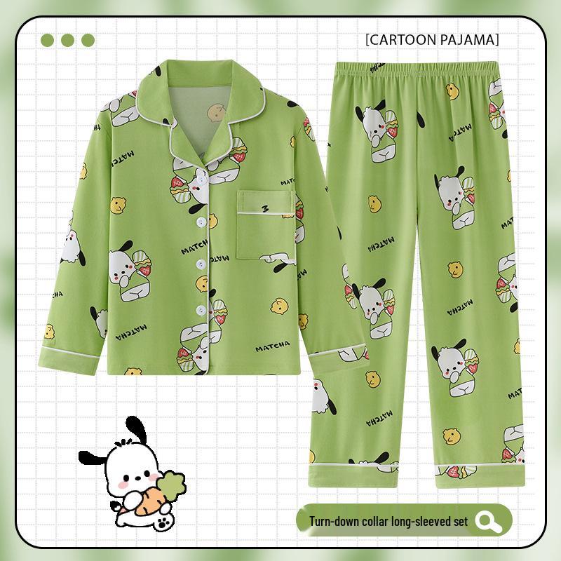 Children's Cartoon Print Pajama Set - Long Sleeve Cardigan with Turn-Down Collar, Imitation Cotton, for Spring and Autumn