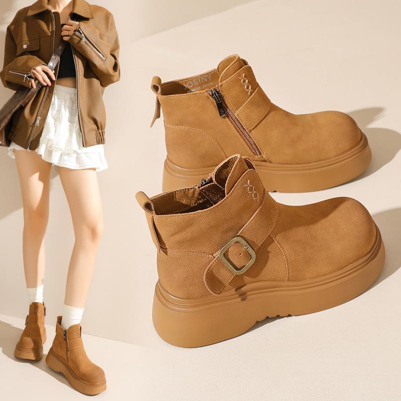 European Fashion Platform Short Boots Women's 2025 Autumn and Winter New Round Head Heightening Chelsea Short Boots Suede Women's Boots