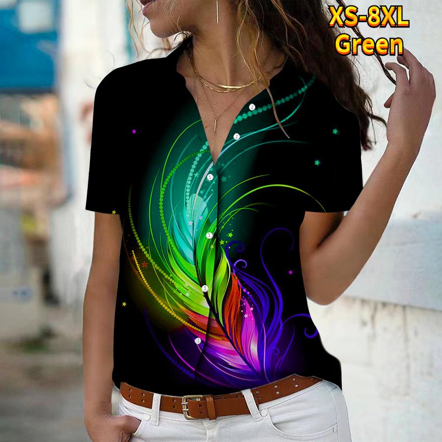 2025 Summer New Fashion Women's Feather Printed Short Sleeve V-neck Casual Button-down Shirt Top