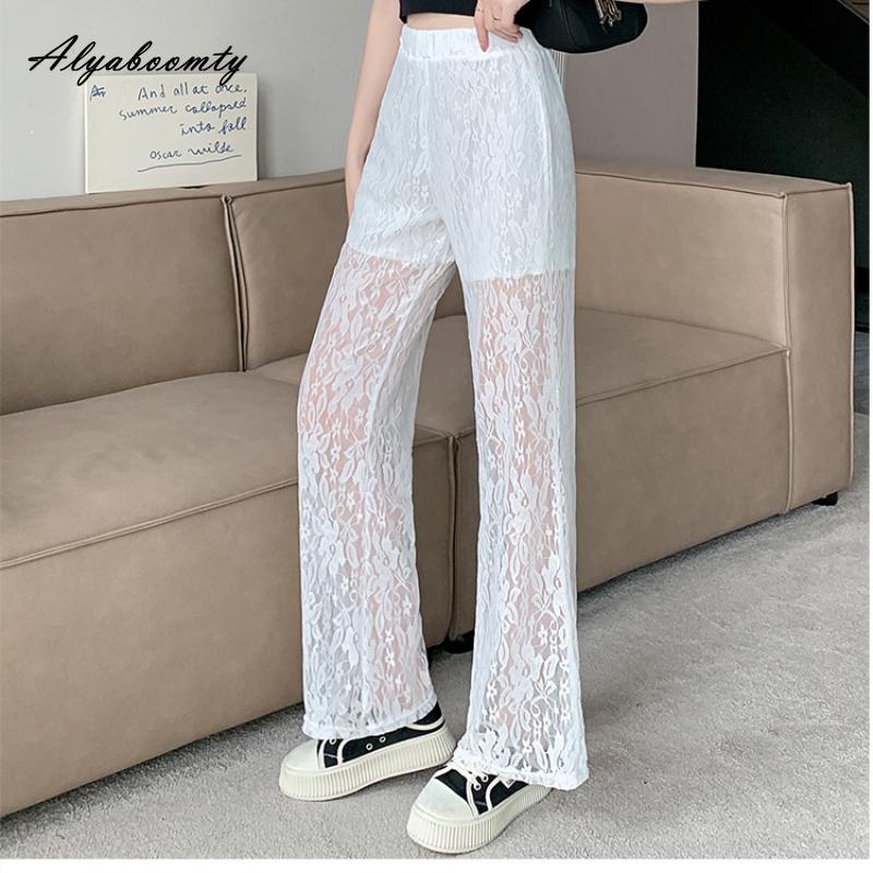 Korejská móda letní dámské bílé krajkové kalhoty s elastickým pasem, tenké stylové dámské elegantní ženské kalhoty se širokými nohavicemi