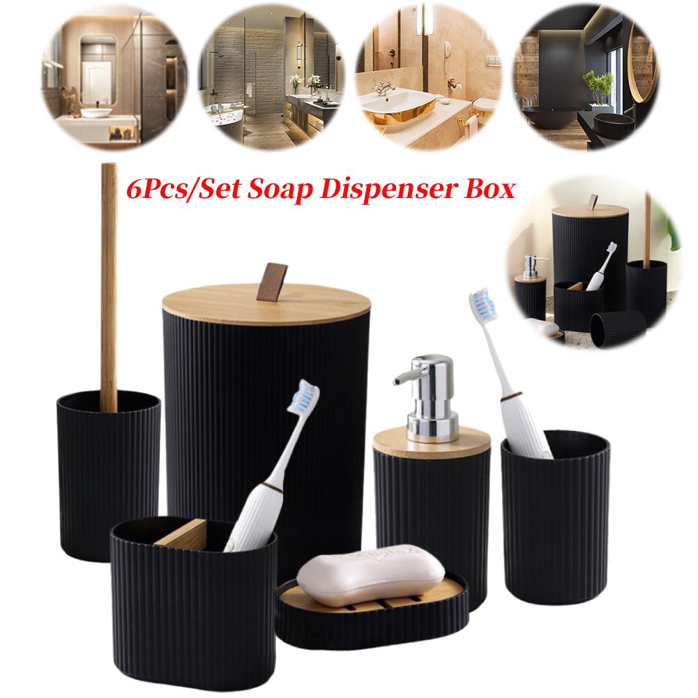 6Pcs/Set Soap Dispenser Box Housewarming Gift Toothbrush Holder Bath Accessory Bottle Trash Can Bamboo Plastic Bathroom Storage