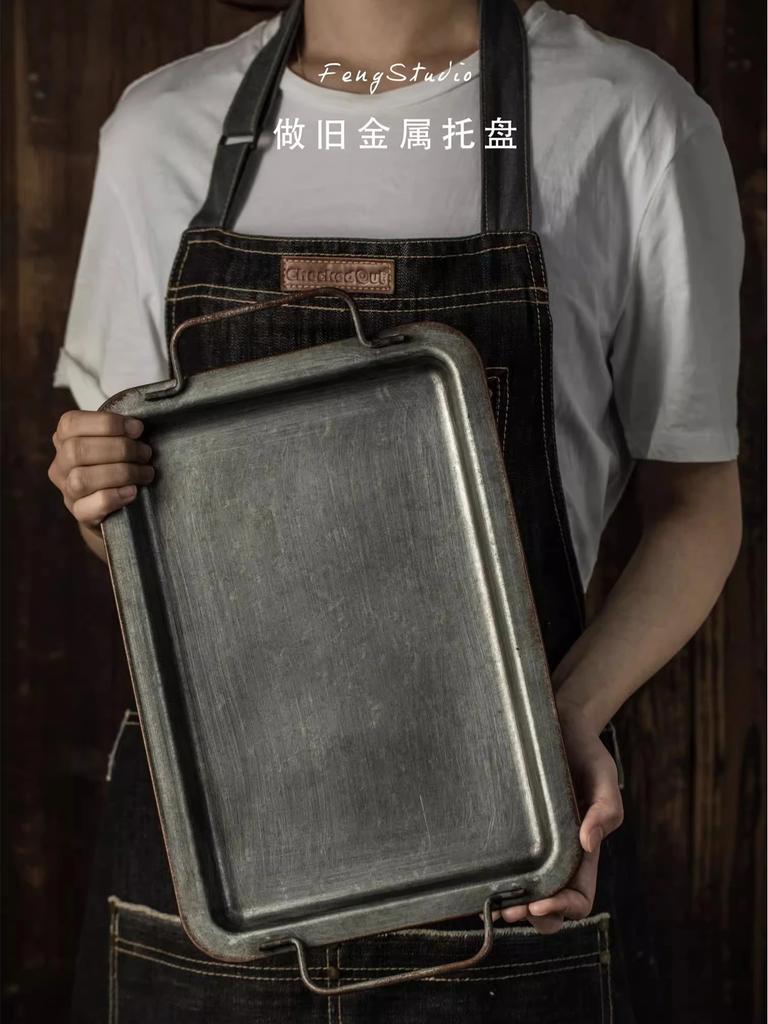 Rectangle Metal Double Handle Storage Trays Coffee Shop Dessert Cake Photography Decoration Props Classical Vintage Iron Plate