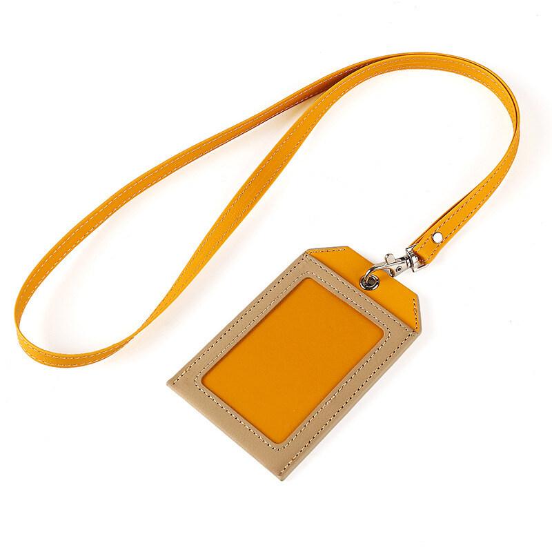 2 Card Slot Employee Work ID Card Set Hanging Rope PU Leather Bus Meal Card Chest Badge