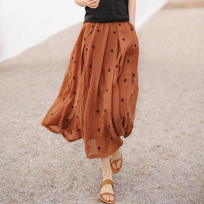 Hohe Taille Polka Dot Literarischen Ramie Midi Rock frauen Frühling Sommer Design Vielseitig