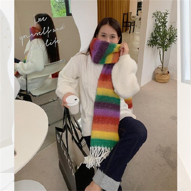 Adult Women Warm Scarf Thicken Rainbow Long Scarf Soft CashmereFeel Shawl Scarf