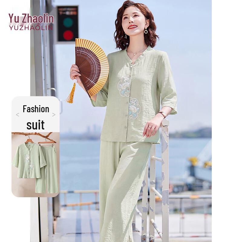 

YUZHAOLIN Women s Embroidered Cotton-Linen Short-Sleeve Two-Piece Set 4XL