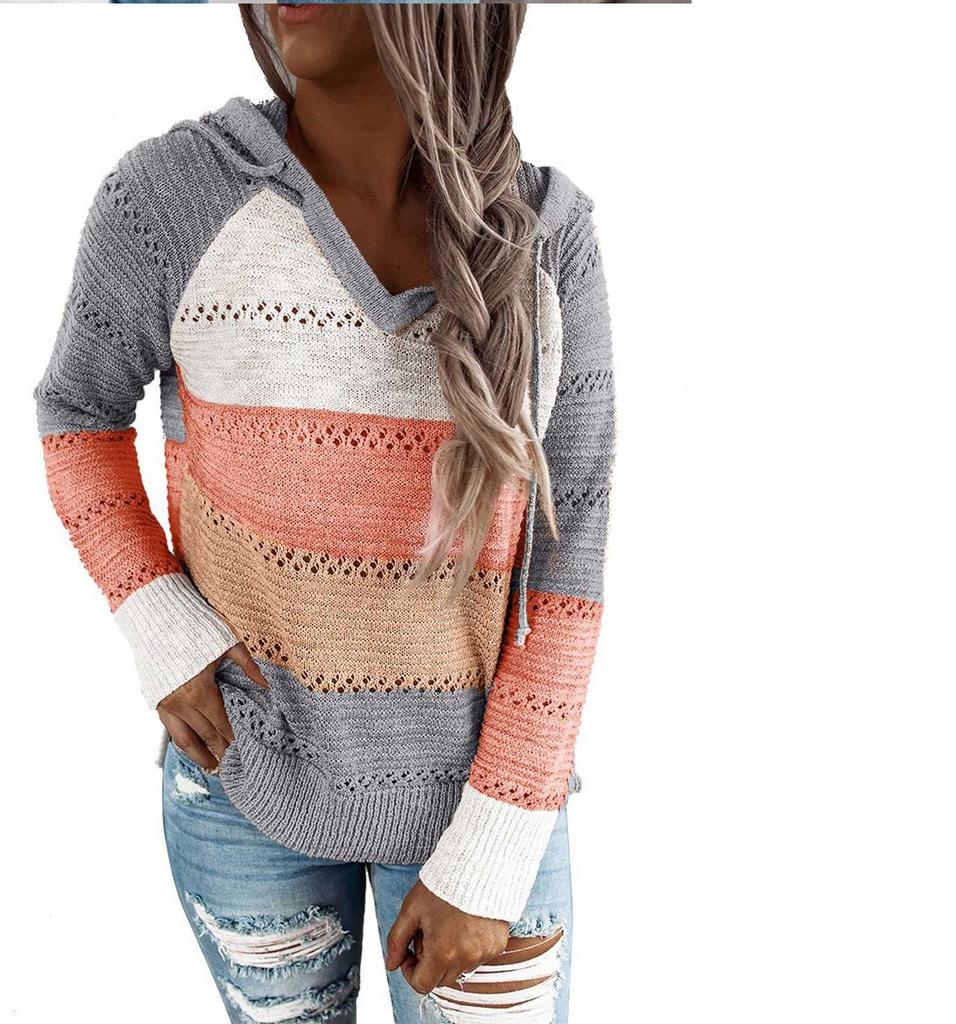 Women's Spring and Autumn Loose Knit Sweater Long Sleeve Hooded Cozy Top