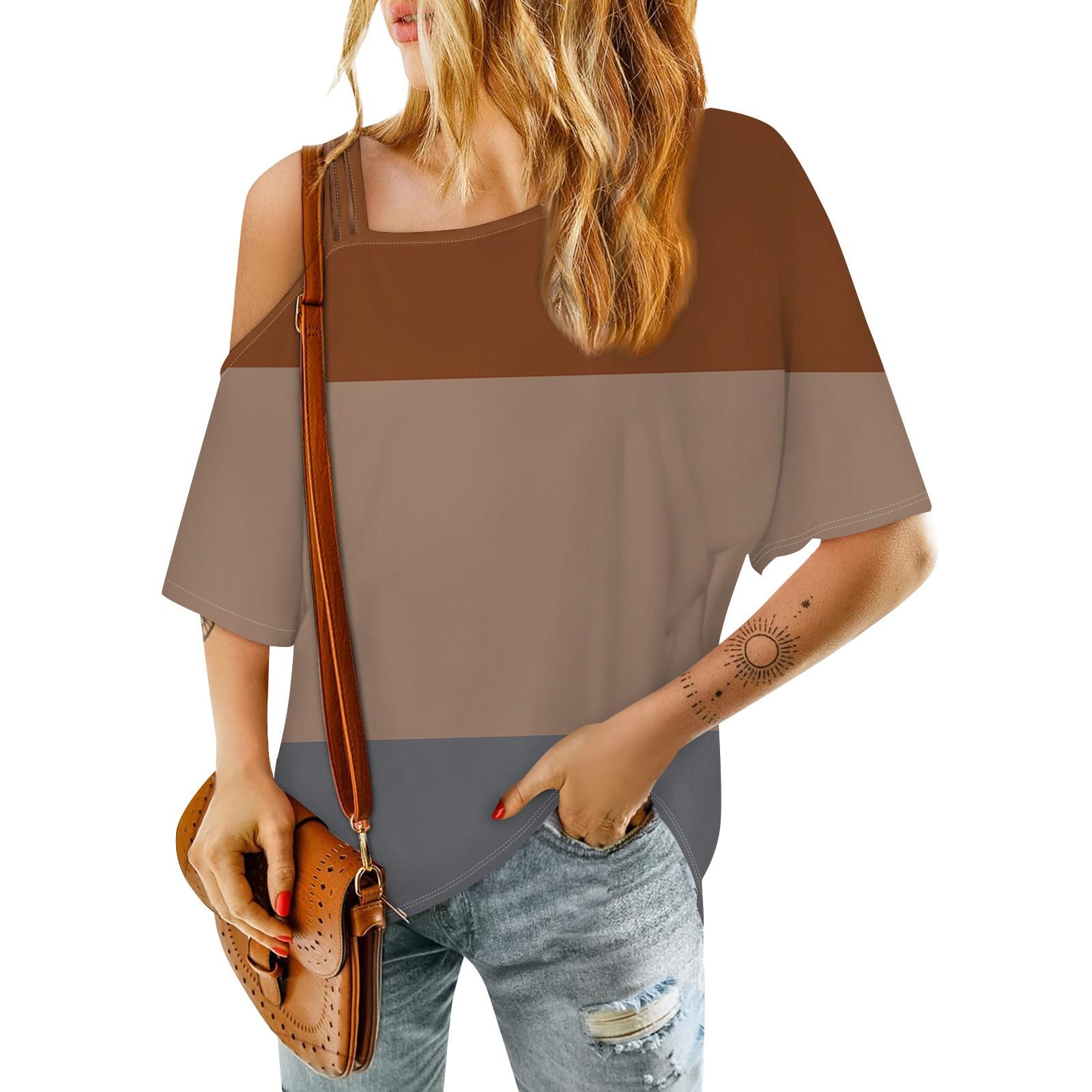 Женская модная повседневная футболка с цветными блоками на одно плечо — фото 7