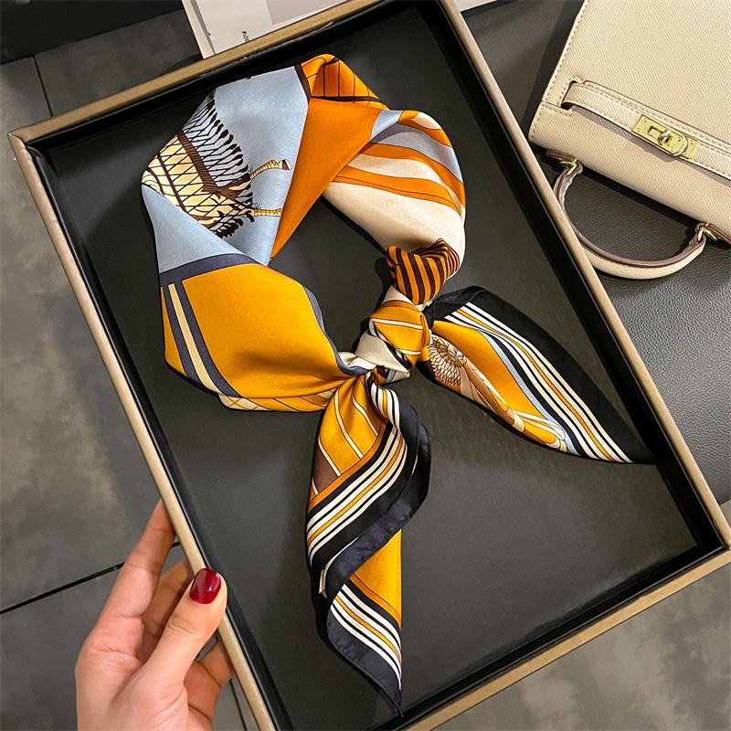 Lenço Quadrado de Cetim de Seda 100% Puro Alta Qualidade para Mulheres Estampado Bolsa de Mão Pulseiras de Pulso Xale Feminino Lenço de Pescoço Foulard