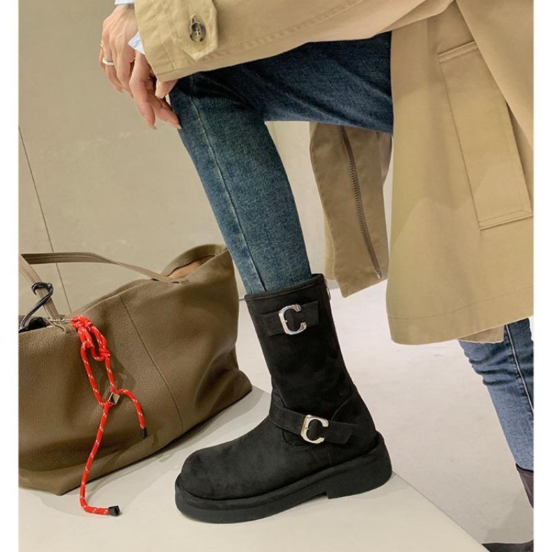 ~ New Retro Locomotive Buckle with Round Head Thick Sole Heightening Medium Tube Short Boots Autumn and Winter Women