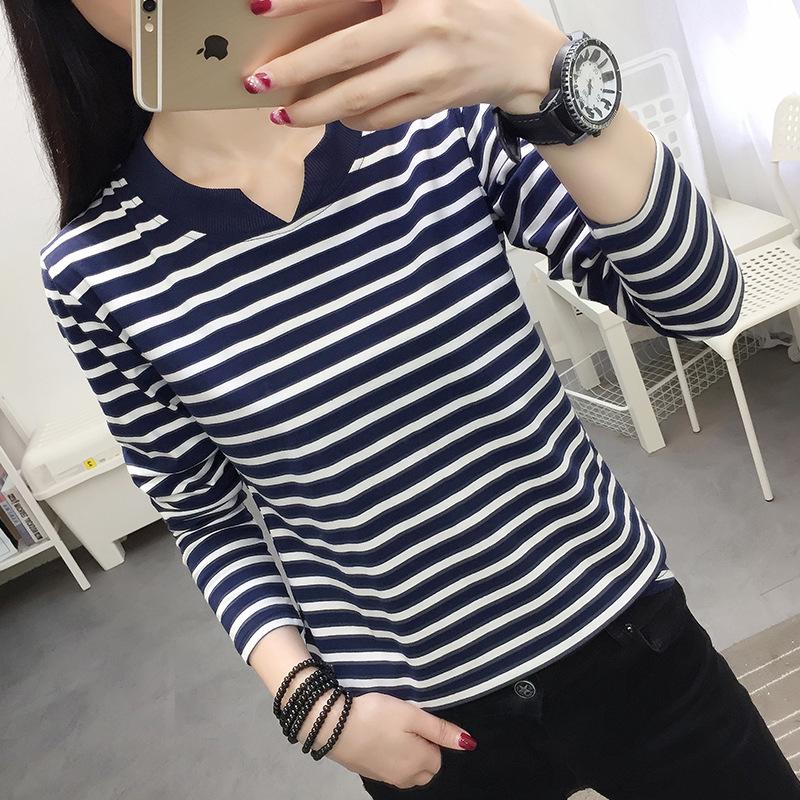 2024 Women's Loose Striped V-Neck Long-Sleeve T-Shirt - Versatile Spring Top