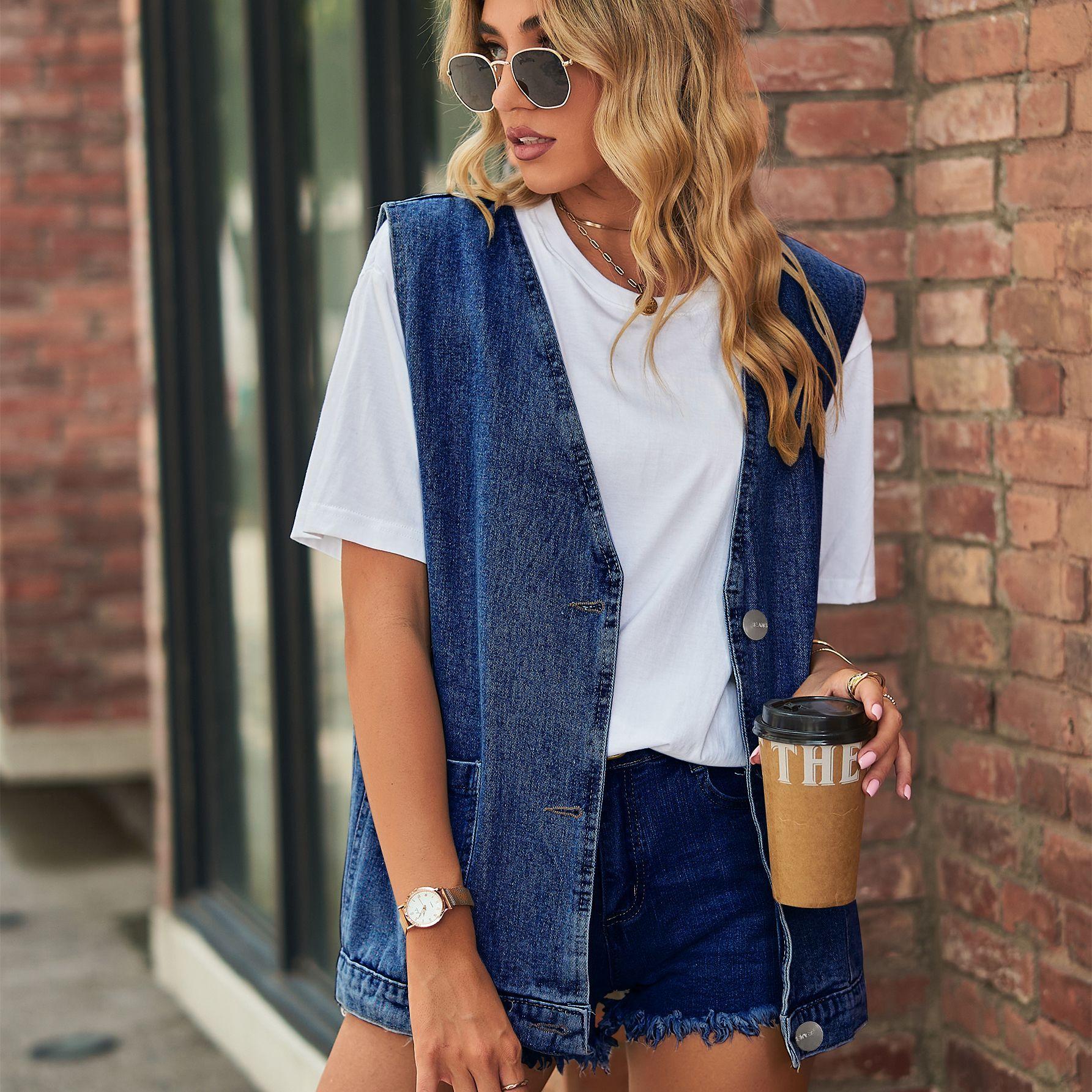

Benuynffy Vintage Big V Neck Denim Vest Women Spring Summer Washed Casual Pockets Sleeveless Jeans Jackets Female Loose Outwear XS темно-синього кольору