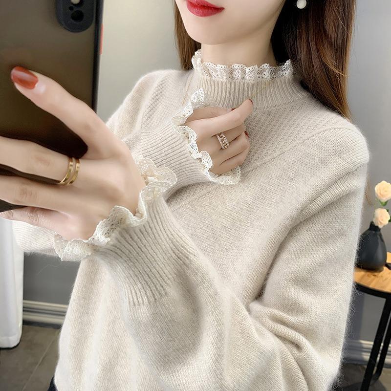 Women's Sweater Knitted Bottoming Shirt Spring Spring Autumn Versatile Semi-turtleneck New Lace Edge High Sense