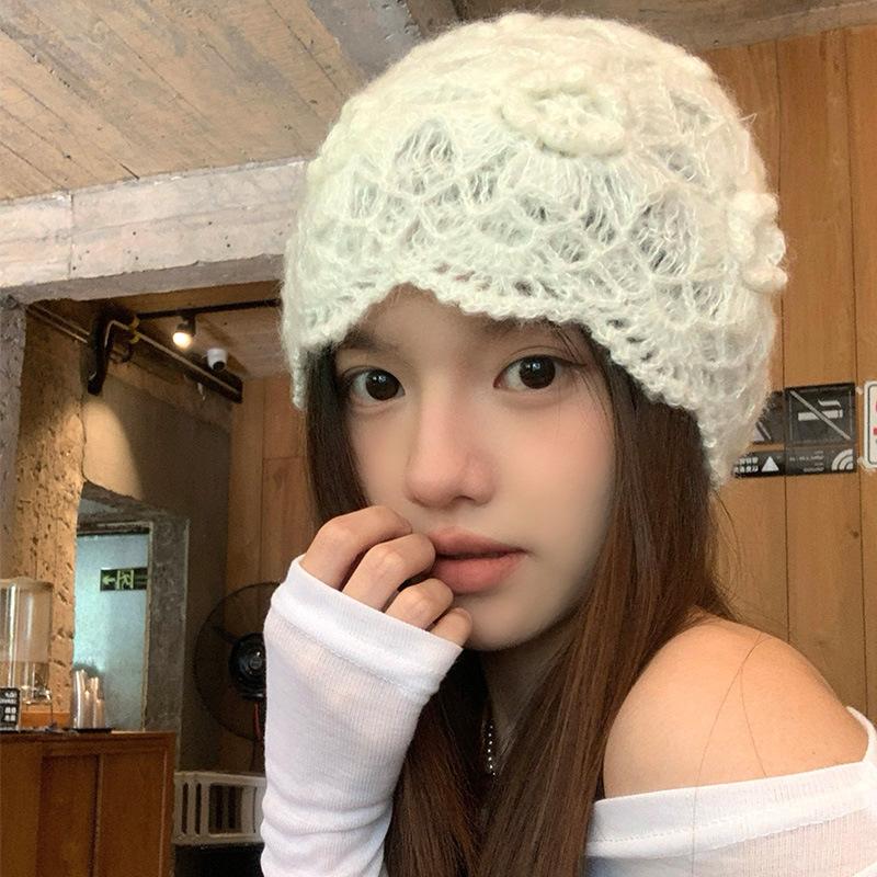 Japanische süße Spitze Hohlblumen Tasche Hut Damen Nische Literarisch und Modisch Vielseitig Handgefertigt Häkeln Gestrickter Hut