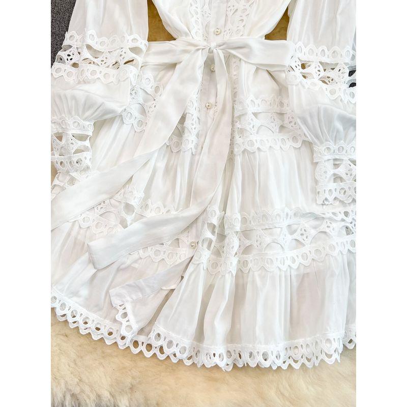 2024 Spring and Autumn Vintage Court Style Elegant Lantern Long Sleeve round Neck Hollow out Stitching Single-Breasted A- line Dress