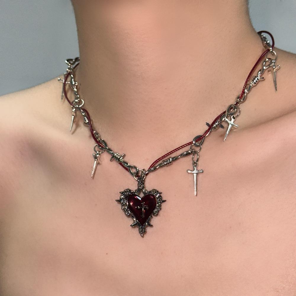Hip Hop Y2K Náhrdelník s přívěskem srdce pro ženy Dívky Gotický Červený Kapající Olej Trnitý Kříž Choker Náhrdelníky Party Šperky Doplňky
