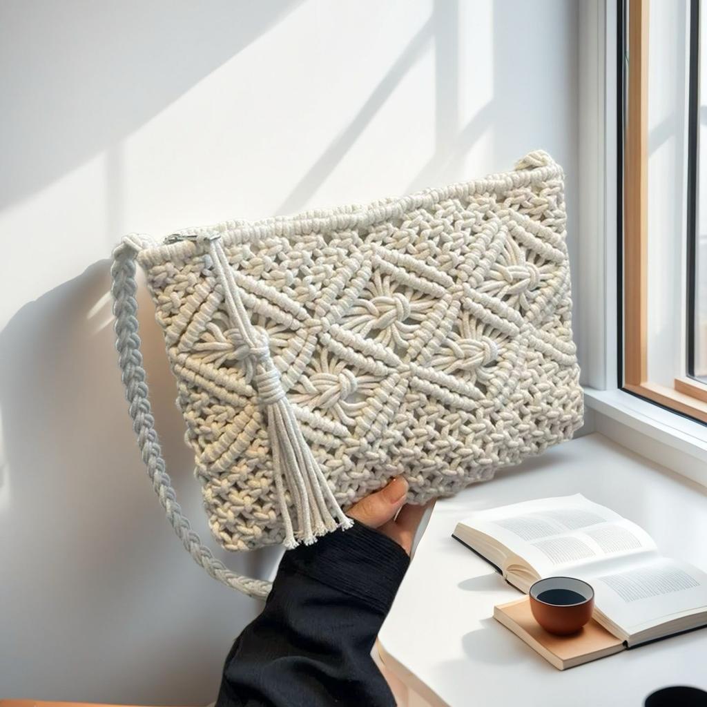 Ladies' Bohemian Style Handmade Woven Shoulder Bag - a Lightweight Summer Beach Clutch with Tassel Details,Crossbody Design
