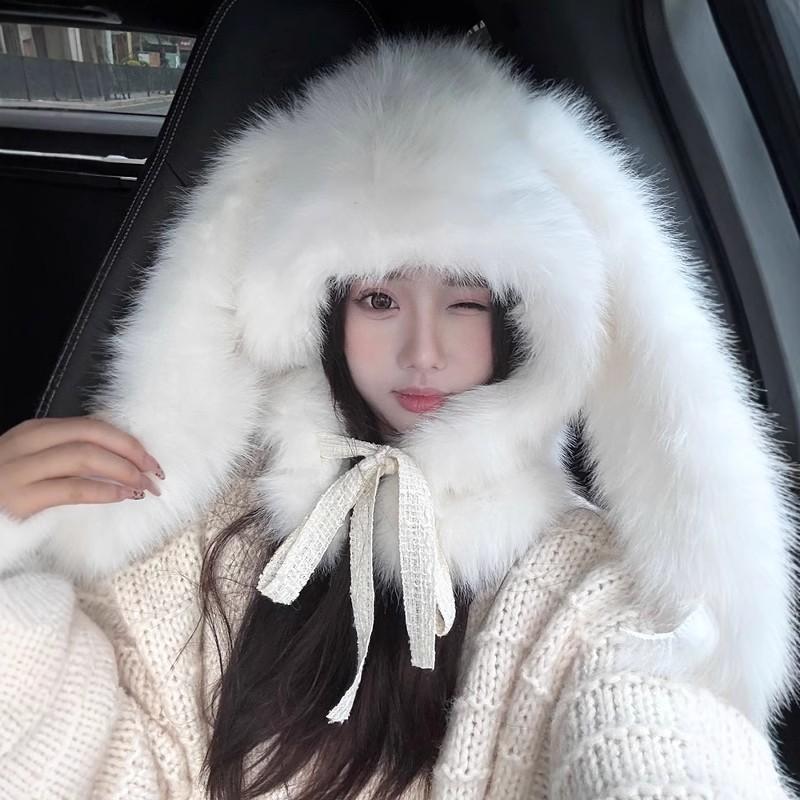 New Imitation Fox Fluff Hat Children's Autumn and Winter Enlarged Version Long Rabbit Ear Hat Scarf Integrated Neck Cover Hat Women