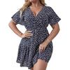 Women's Plus Size V-Neck Ruffle Edge Short Sleeve Wrap Printed Dress