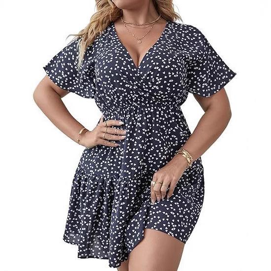 Women's Plus Size V-Neck Ruffle Edge Short Sleeve Wrap Printed Dress