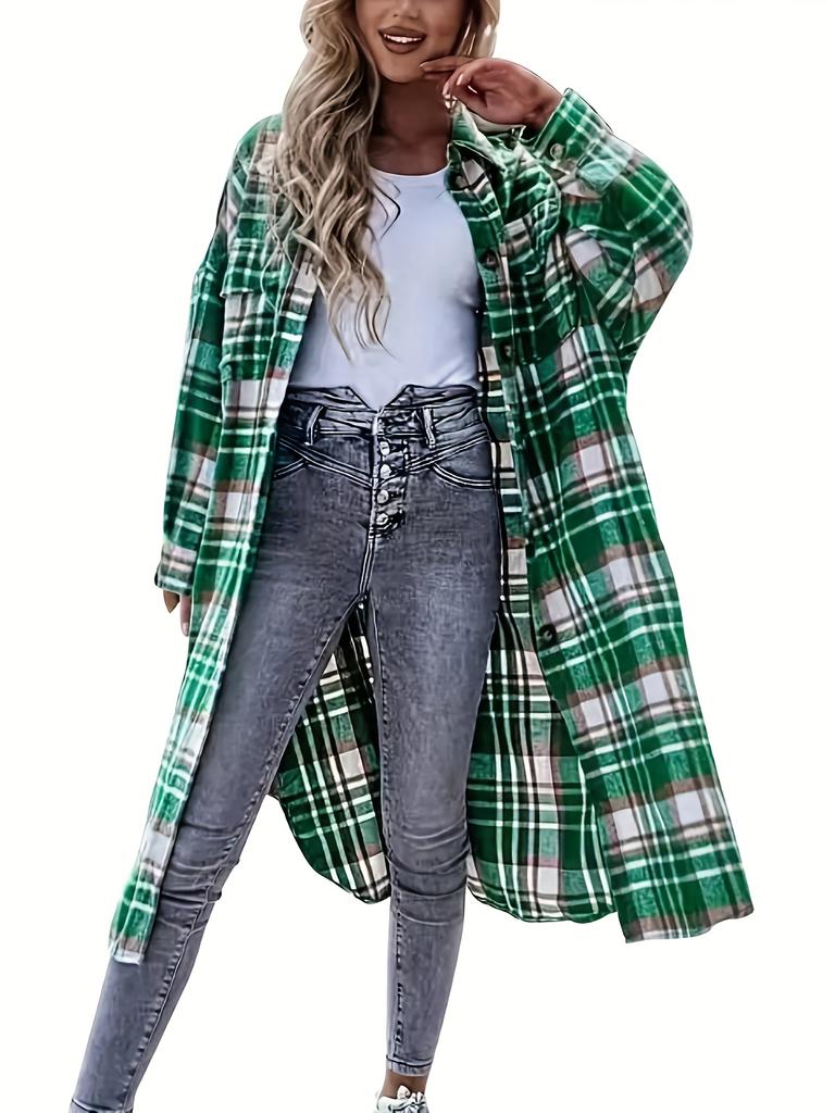 Winter New Cross-border Women's Clothing European And American Loose Casual All-match Mid-length Plaid Shirt Long-sleeved Jacket