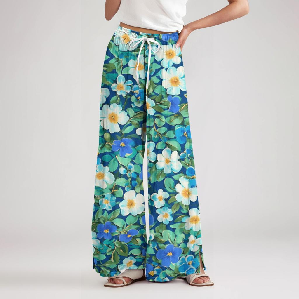 Women's Loose Casual Floral Print Wide Leg Pants With Elastic Waist Drawstring And Pocket Pants