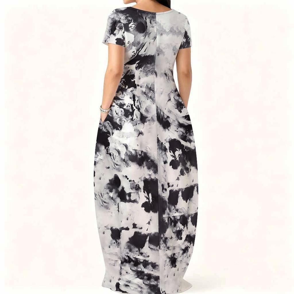 Women Loose Round Neck Short Sleeve Gown Plus Size Stylish Outfit Ideal For Summer Outdoor Activities