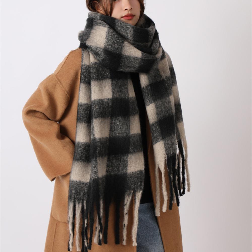 Tassel Plaid Wool Scarf Plush Long Shawl Retro Winter Cashmere Scarves  Autumn Winter