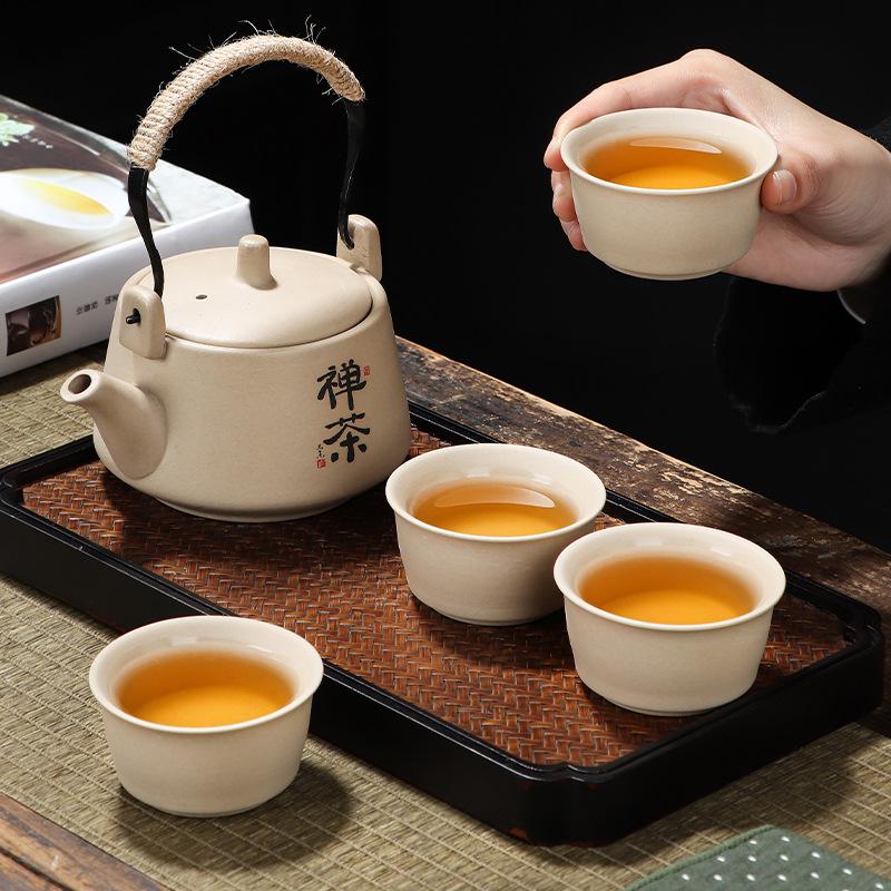 Coarse pottery tea set, home use, one pot, four cups, ceramic kung fu tea cup, teapot gift box, Chinese style handle pot