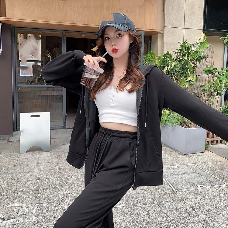 

Autumn and Winter Plus Size Lazy Style Sportswear Suit Women s Loose Sweater High Waist Wide-leg Pants Slim Two-piece Suit L чёрный