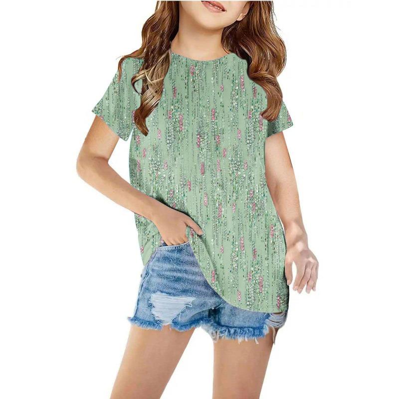 Summer Children's Fashionable Casual Simple 3D Printed Tops Kids Round Neck Pullover Short Sleeved T Shirt