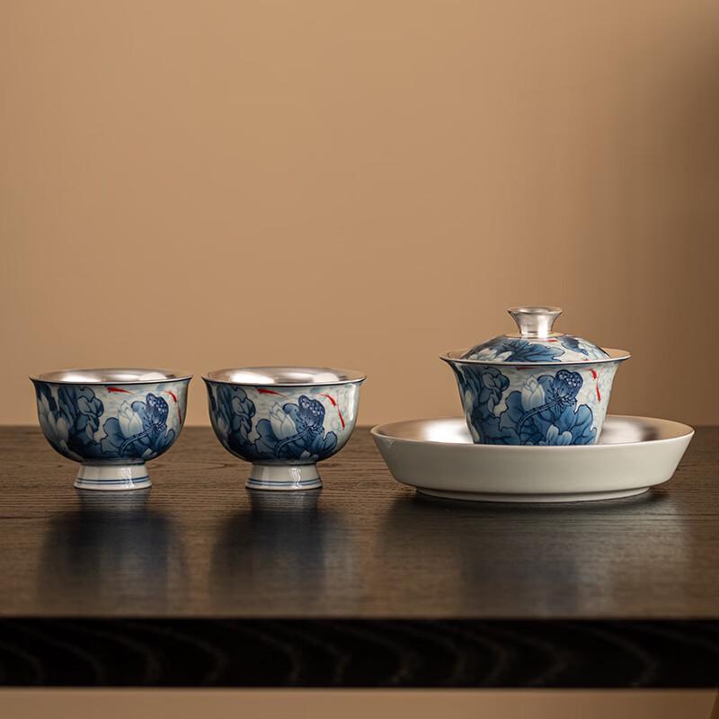 Gilded Silver Lotus Blue & White Porcelain Tea Set