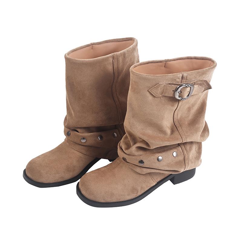 Spice Girls Kalhoty Kozačky Dámské 2025 Nýtované Plisované Hromadné Kozačky Černé Westernové Kovbojské Kozačky Krátká Spona Martinovy Kozačky