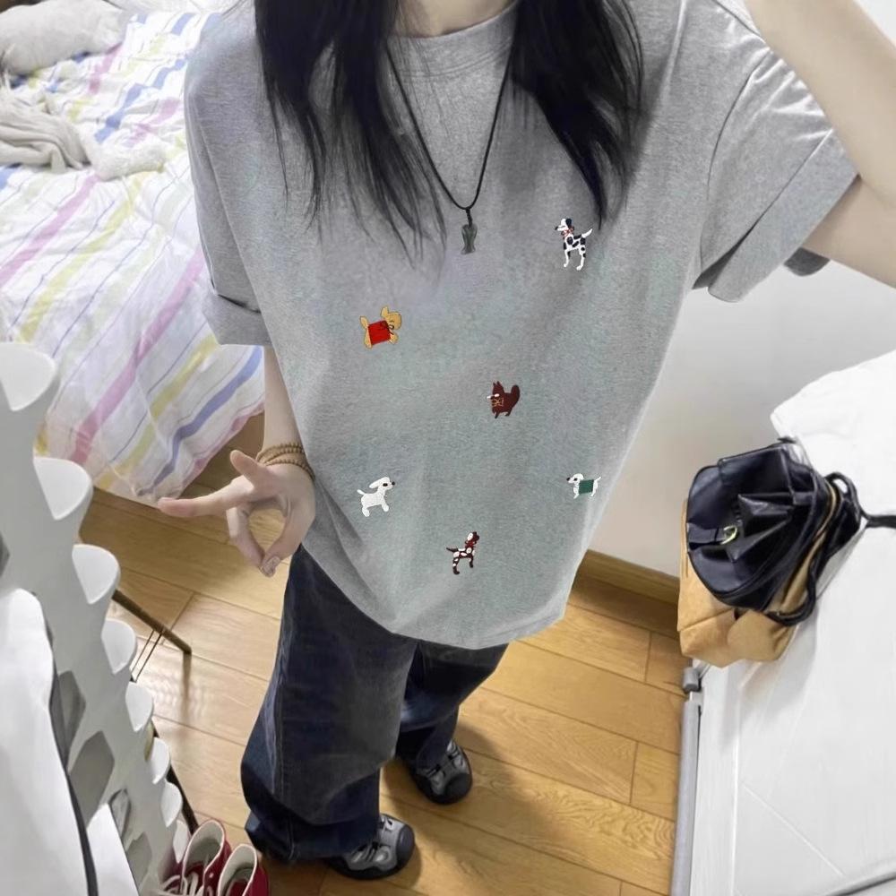 Pure cotton cartoon short-sleeved t-shirt women's new summer loose front shoulder design sense niche American half-sleeved top