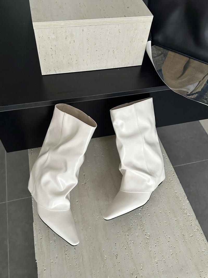 

Spice girl style beige high-heeled trouser boots women s 2025 autumn and winter new slope-heeled short boots pointed mid-tube thin boots 40 белый