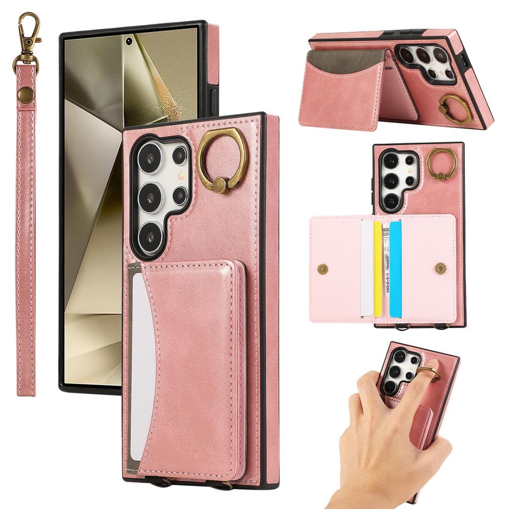 For Samsung Galaxy S24 Ultra PU Leather Back Case Card Holder Kickstand Phone Cover with Wrist Strap