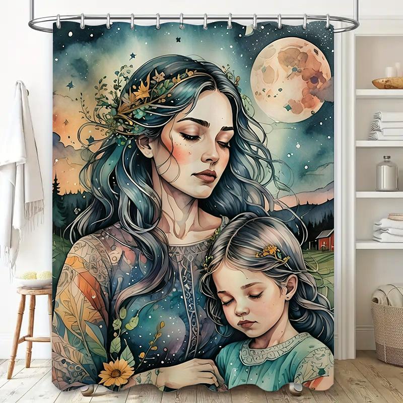 Enchanted Mother And Daughter Moonlit Shower Curtain - Waterproof, Mildew-Resistant, Machine Washable Magical Bathroom Decor