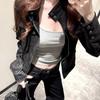 Women's Trendy Black Suede Stand Collar Retro Jacket for Spring, Autumn, and Winter