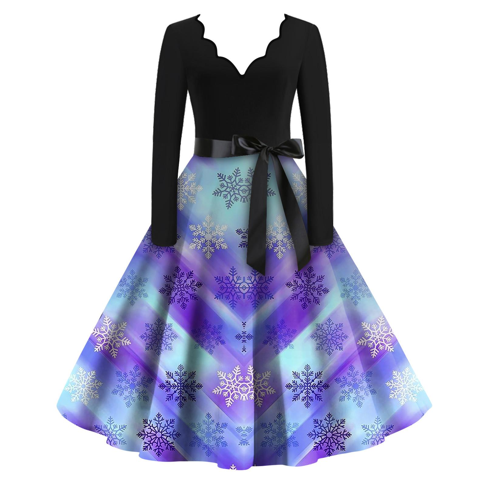 

Женские модные повседневные тонкие рождественские платья с длинным рукавом с v-образным вырезом и принтом XL синий