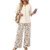 Women Casual Button Front Top with Three Quarter Sleeves and Printed Wide Leg Pants Two Piece Set Lightweight Comfortable Outfit