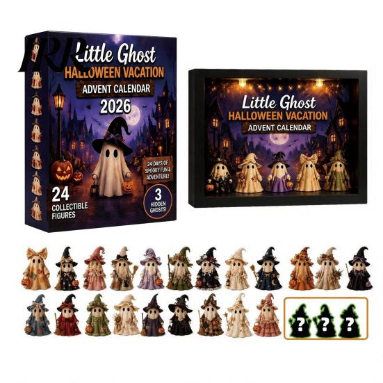 Halloween Holiday Decoration Advent Calendar, 24 Days Ghost Countdown Calendar with Reusable Collectible Figures, Gifts for Kids Boys Girls