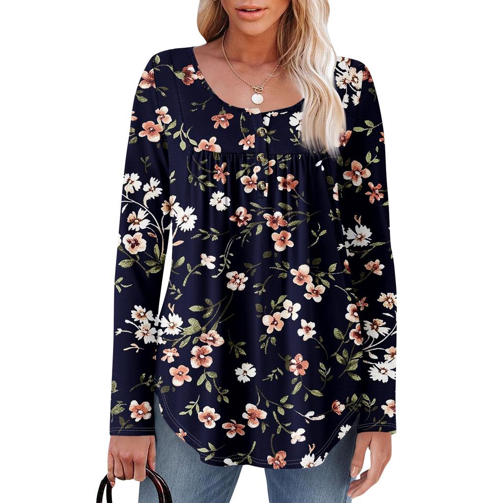 Women's Long Sleeve Tunic Loose Tops Casual Oversized Tops Pleated Tunic Button Down Casual Women's Print Tops