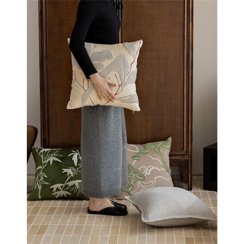 Chinese Bamboo Leaf Embroidered Pillow Cover Modern Luxury Sofa Cushion Cover Bedside Soft Pillowcase Decorative Pillowcase