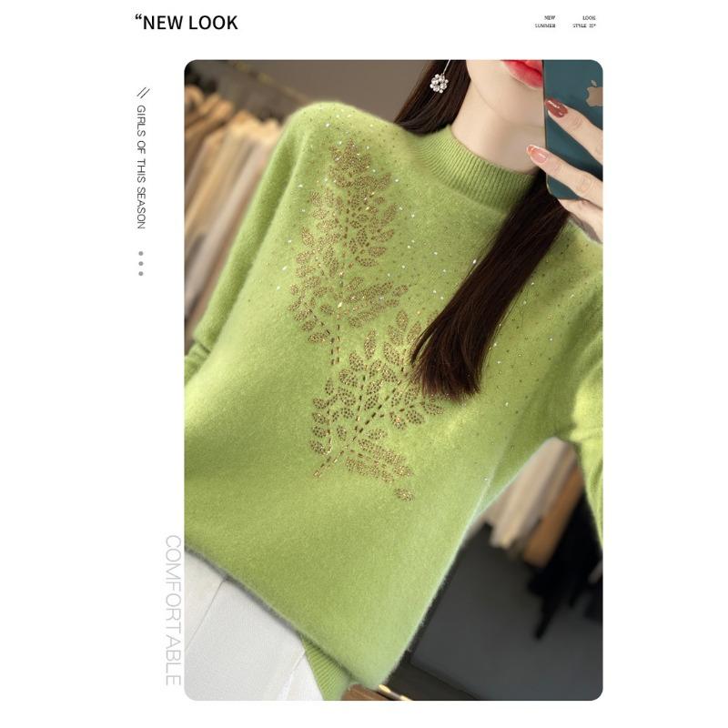 Women S Half Turtleneck Rhinestone Knitted Sweater Long Sleeve Base Layer