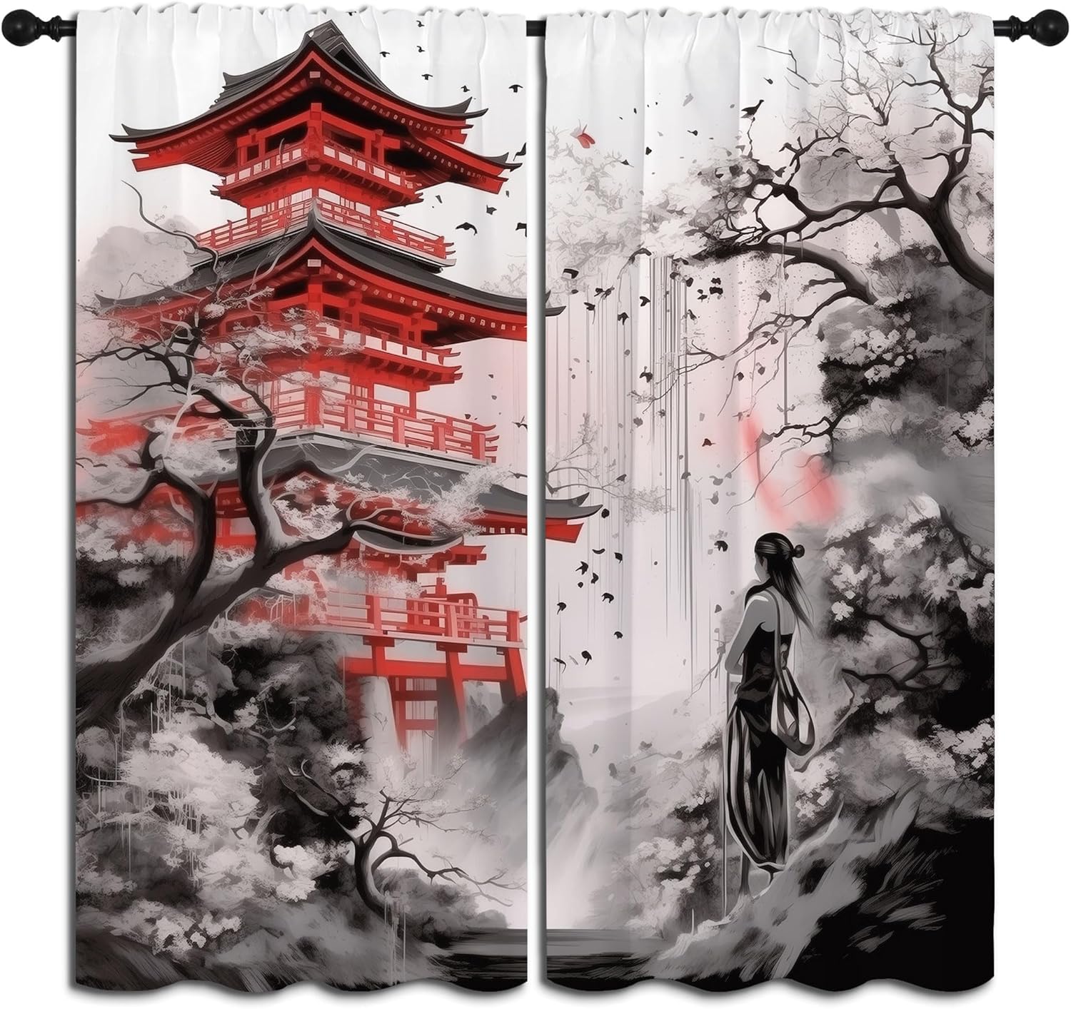 

Japanese Animation Rod Pocket Blackout Curtains For Boy Girl Bedroom, Black White Ink Abstract Art Thermal Insulated Home Window W60H190(CM)-1 Pcs