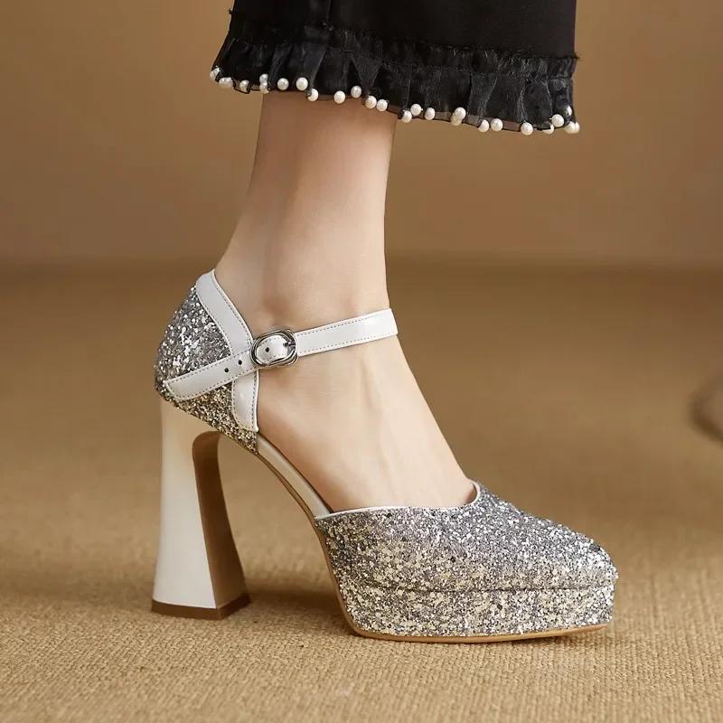 

Sexy Pointed Toe High Heels Women s Summer New Shiny High Heels Elegant Silver Banquet Wedding Shoes Women Thick Heels Sandals 35