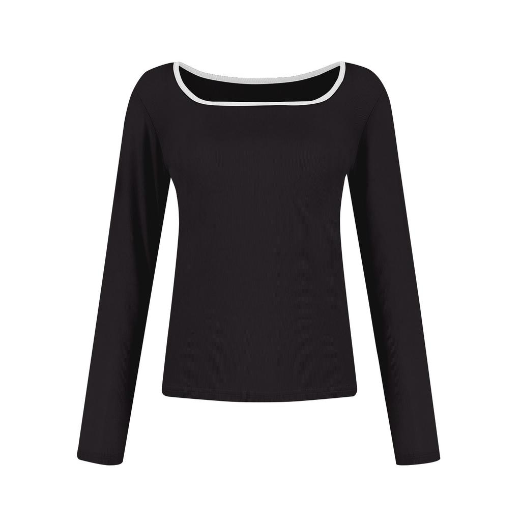 Womens Tops Long Sleeve Scoop Neck Slim Fit Ribbed Knit T Shirts Color Block Shirt