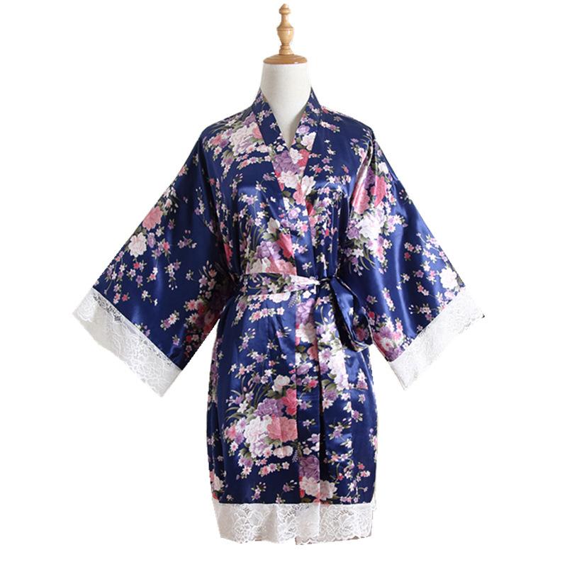 Comfortable Homewear Summer Imitation Silk Lace Floral Floral Robe Short Kimono Bathrobe Cardigan Robe Fashion Temperament Elegant